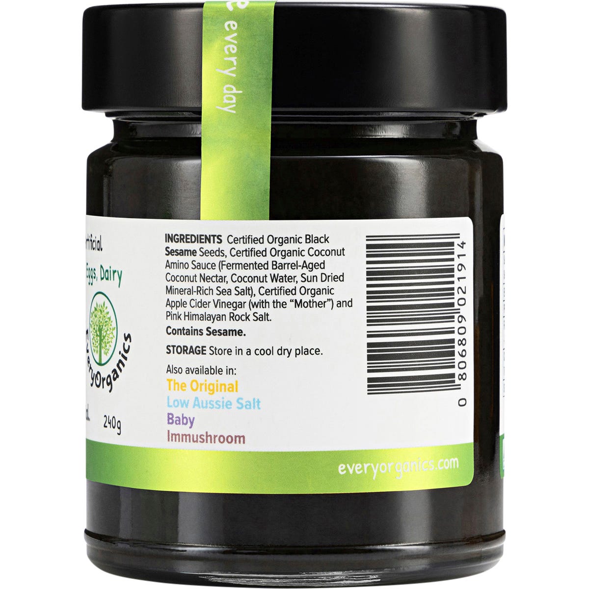 Side view of a 240g EveryMite FODMAP Friendly jar showing product benefits and organic certification logos.