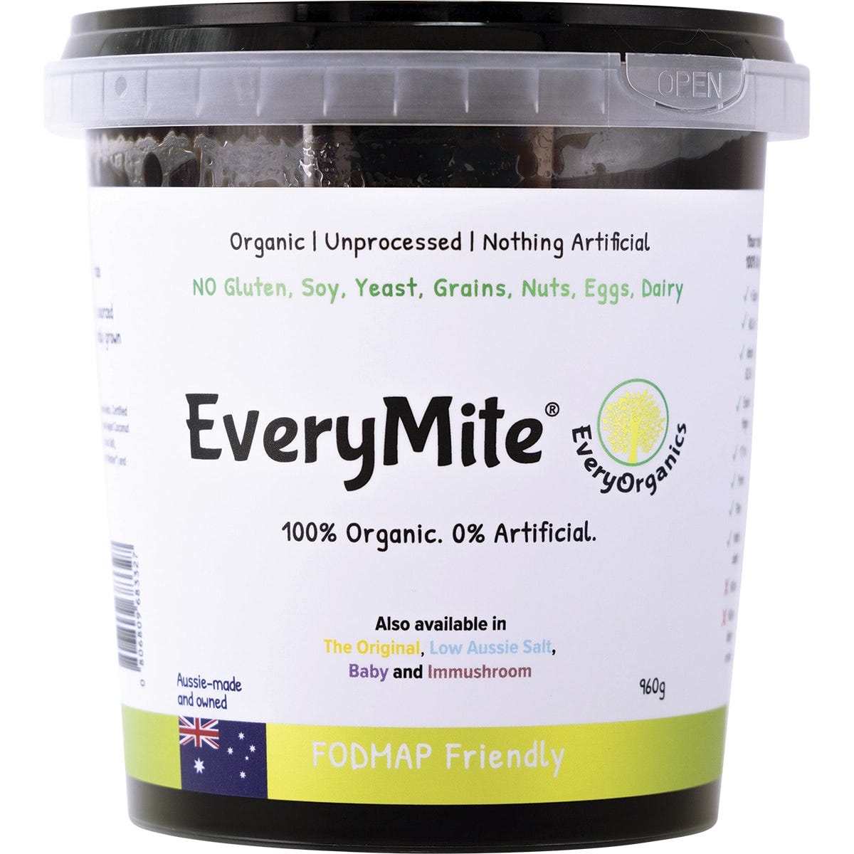 960g jar of EveryOrganics EveryMite FODMAP Friendly yeast-free spread with a black label on a white background.