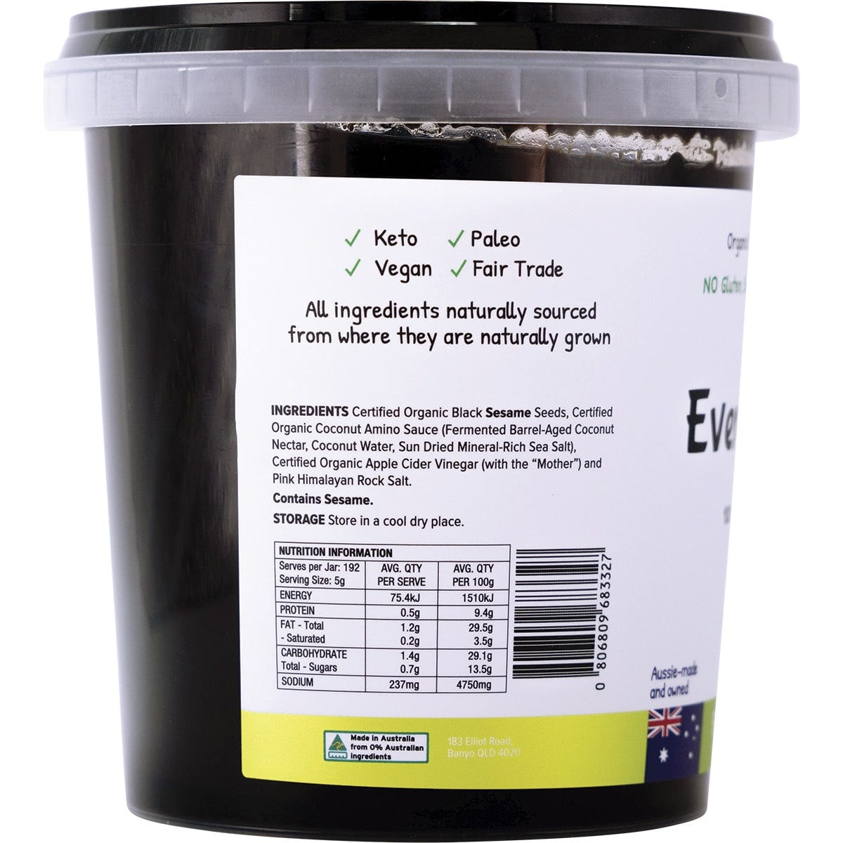 960g jar of EveryOrganics EveryMite FODMAP Friendly spread shown from a side angle on a white background.
