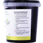 Top view of a 960g jar of EveryOrganics EveryMite FODMAP Friendly spread with a black lid on a white background.