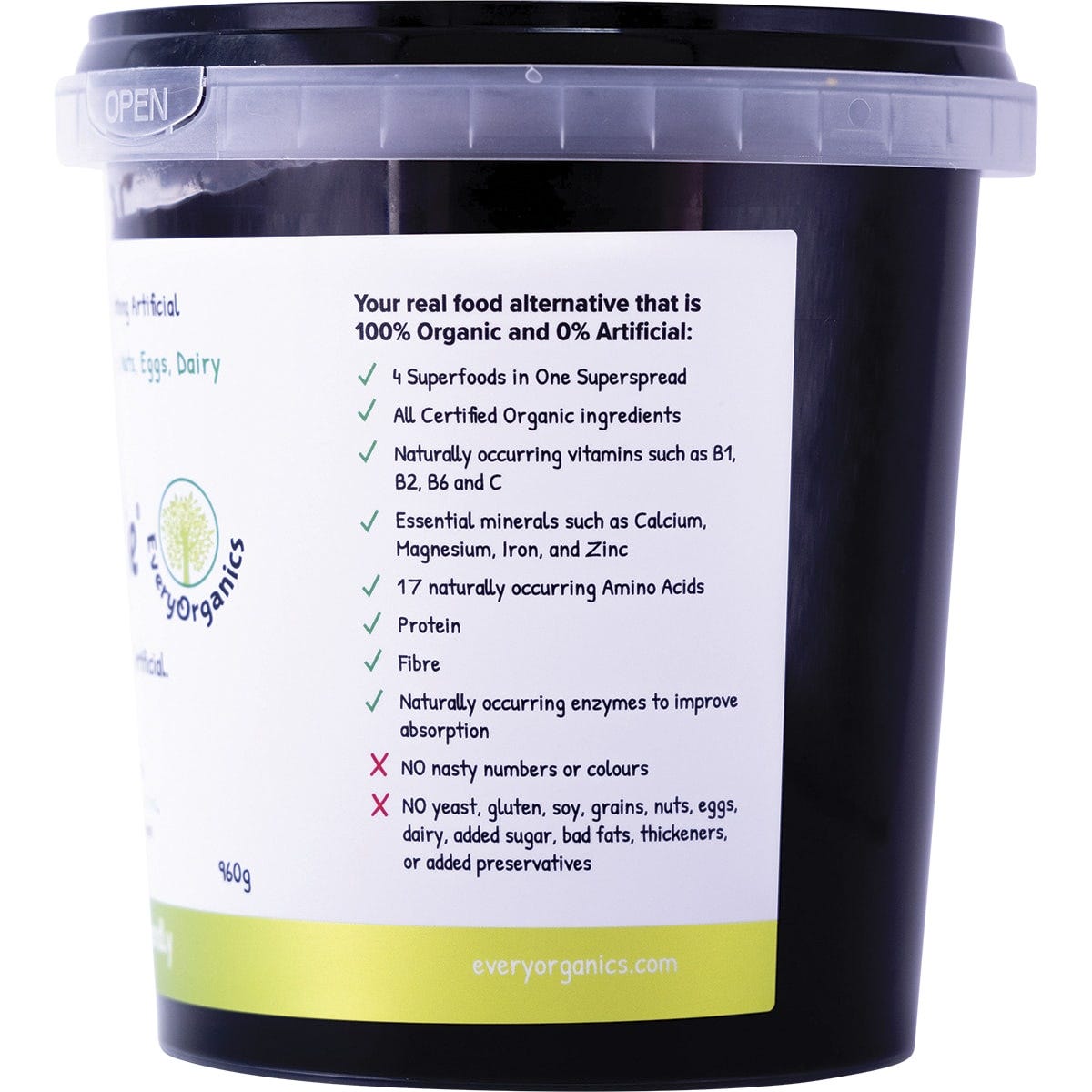 Top view of a 960g jar of EveryOrganics EveryMite FODMAP Friendly spread with a black lid on a white background.