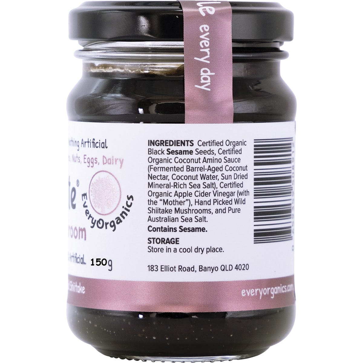 Side view of 150g EveryMite Immushroom jar highlighting wild shiitake mushroom benefits and organic certifications.