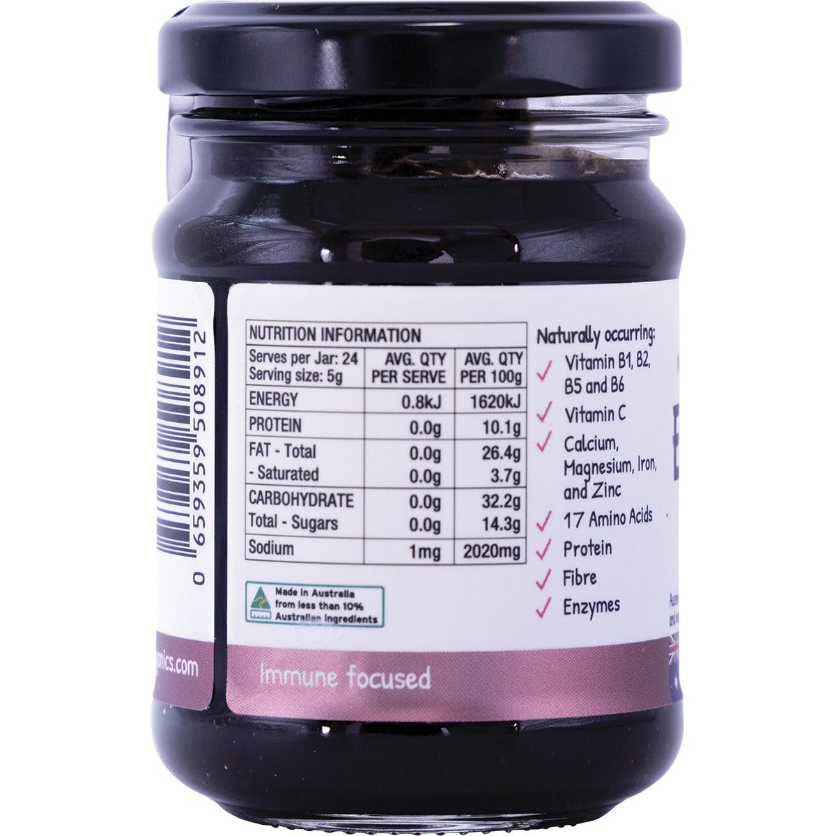 150g jar of EveryOrganics EveryMite Immushroom showing the nutritional information and organic ingredients.