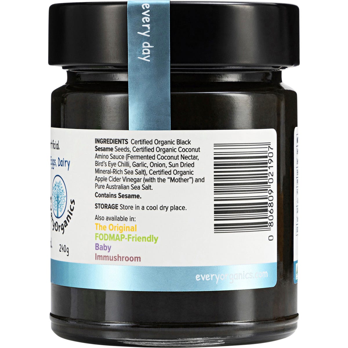 Side view of EveryOrganics EveryMite 240g jar showing its organic ingredients and allergy-friendly benefits.