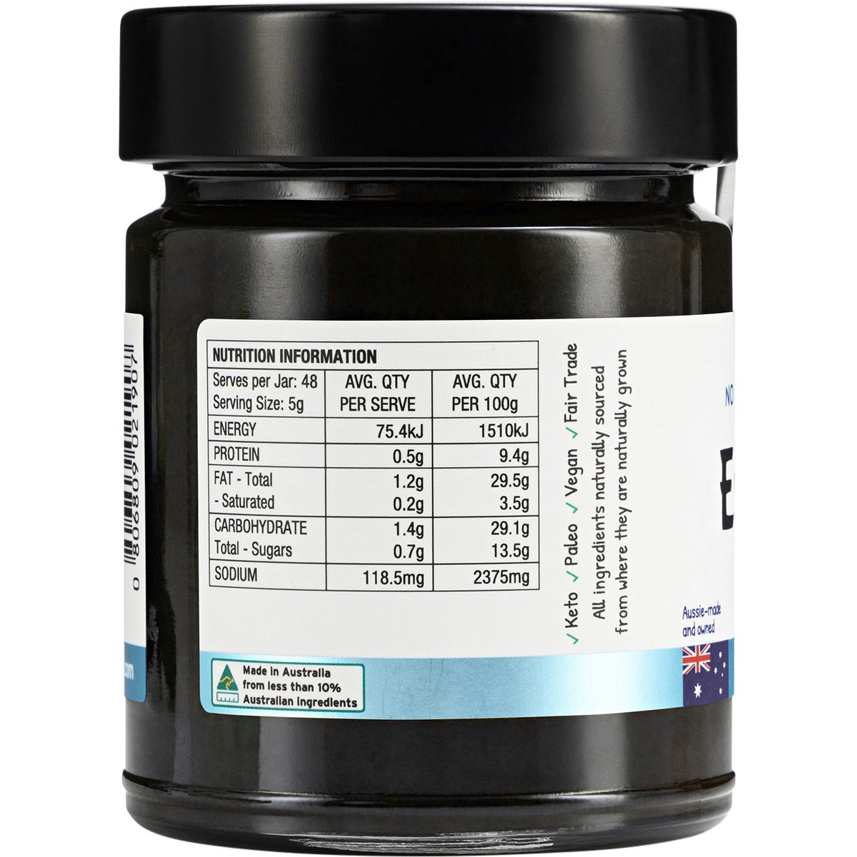 EveryOrganics EveryMite Reduced Aussie Salt 240g jar showing organic ingredients and nutritional facts on the label.