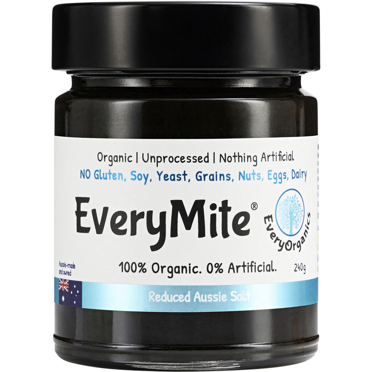 240g jar of EveryOrganics EveryMite Reduced Aussie Salt, a dark brown organic savoury spread on a white background.