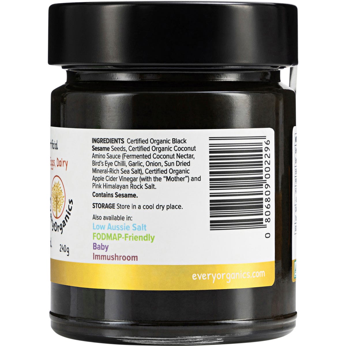Side view of EveryOrganics EveryMite 240g jar highlighting its organic ingredients and gut-friendly benefits.