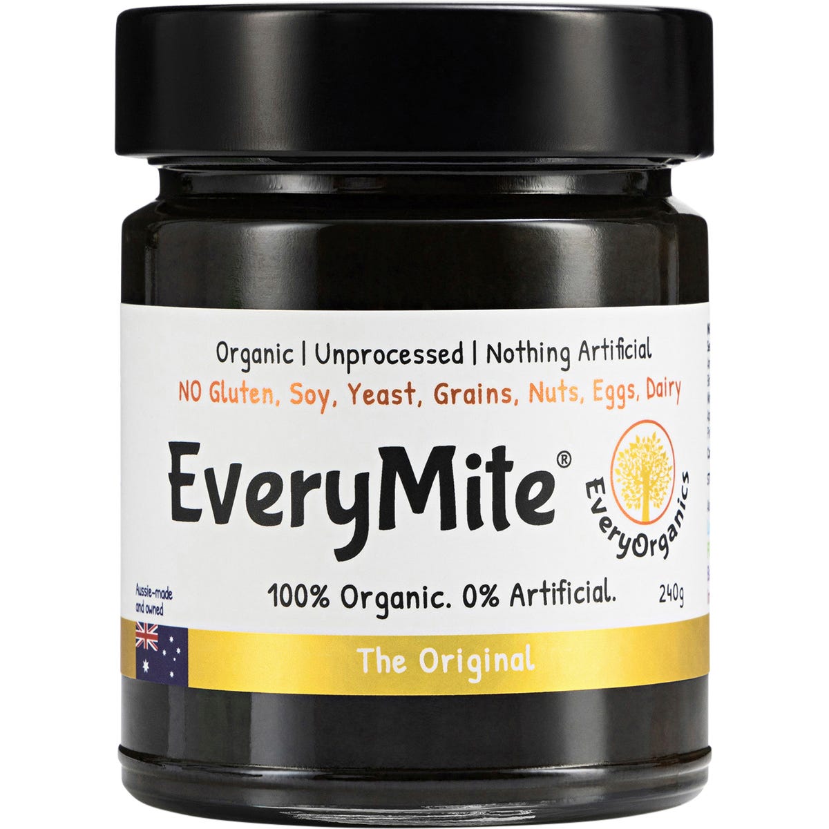 240g jar of EveryOrganics EveryMite The Original, a black sesame-based super spread, on a white background.