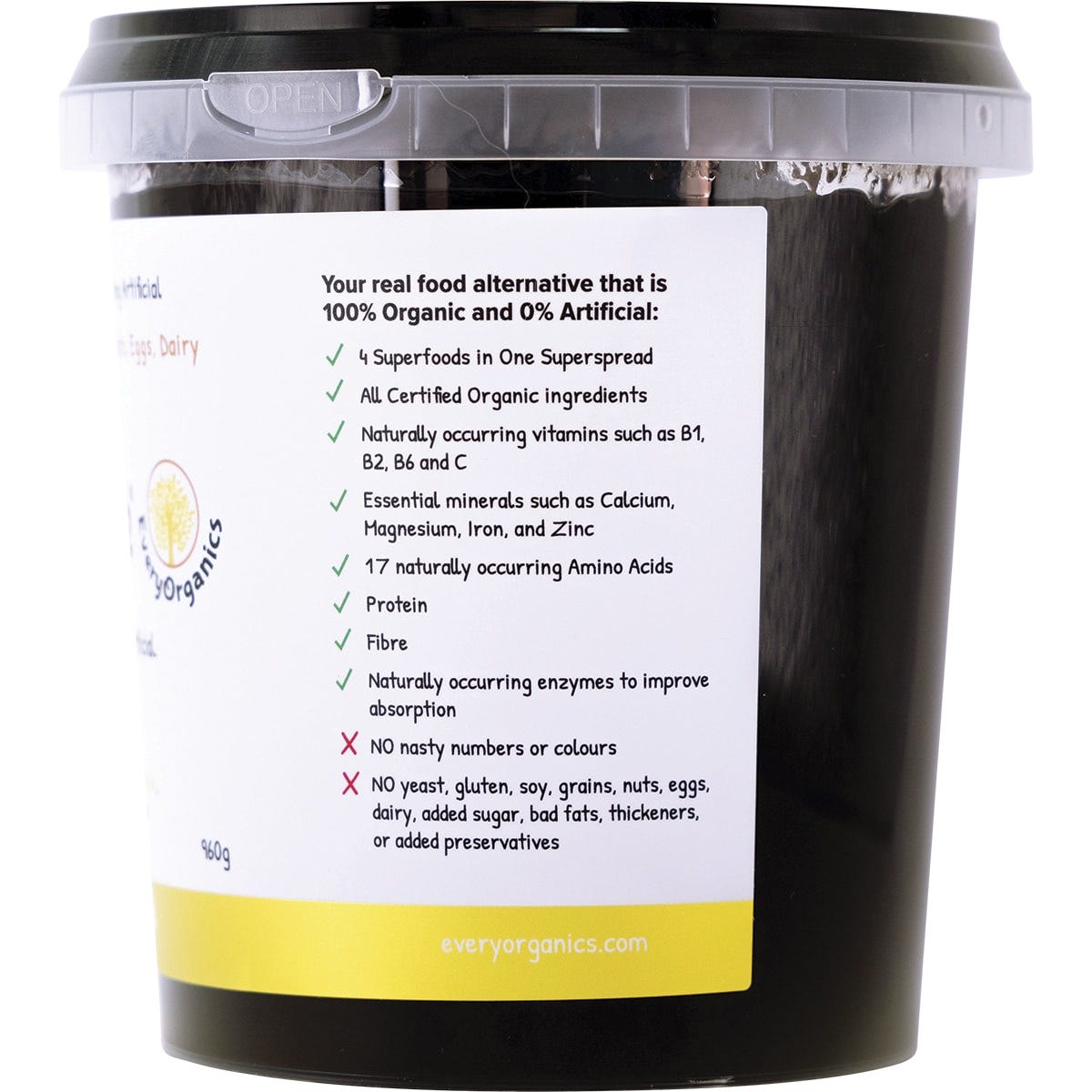 Back of EveryMite The Original 960g tub with nutrition facts, ingredients, and organic certification.