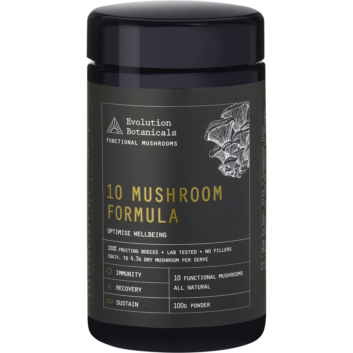 100g jar of Evolution Botanicals 10 Mushroom Formula Optimise Wellbeing organic mushroom extract powder.