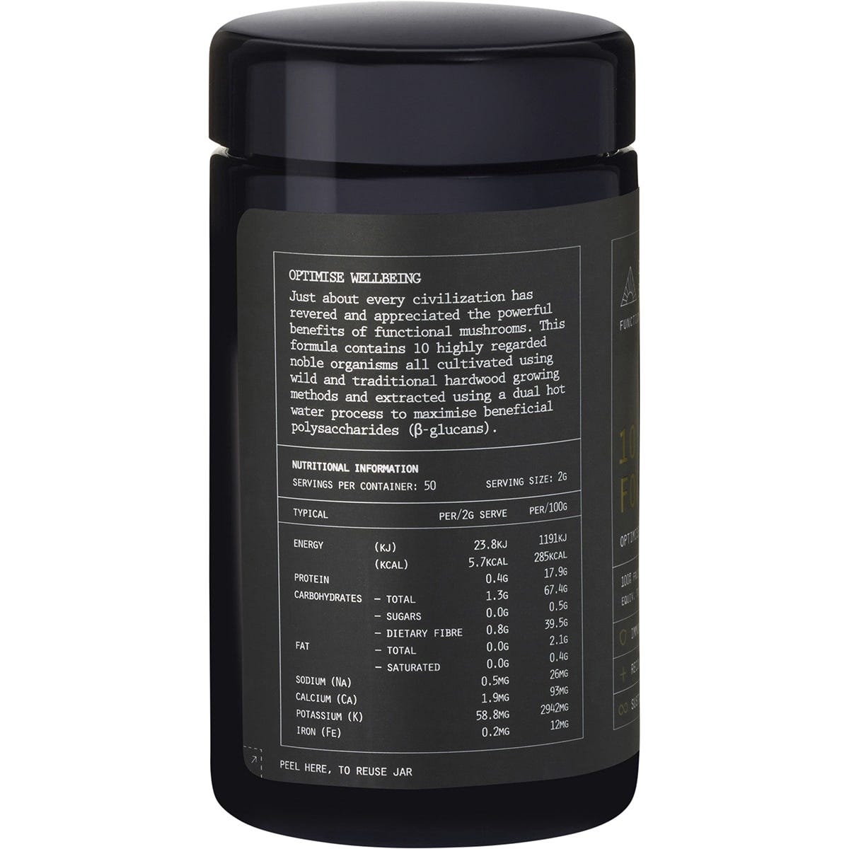 100g jar of Evolution Botanicals 10 Mushroom Formula powder on a white background.