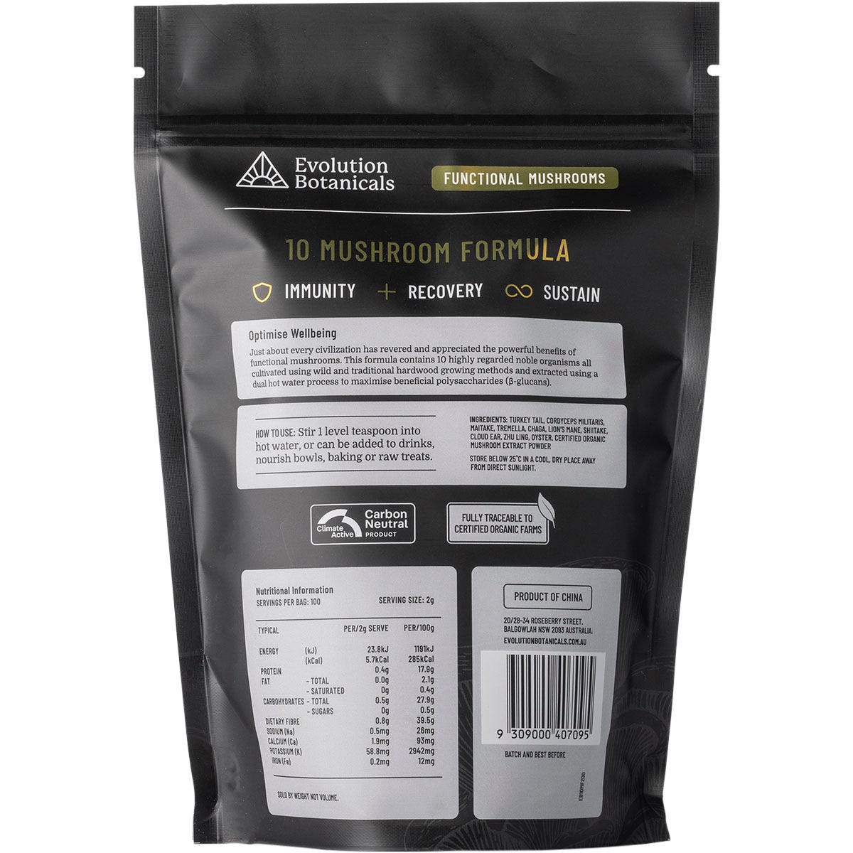 Evolution Botanicals 200g resealable pouch of 10 Mushroom Formula organic extract powder on a white background.