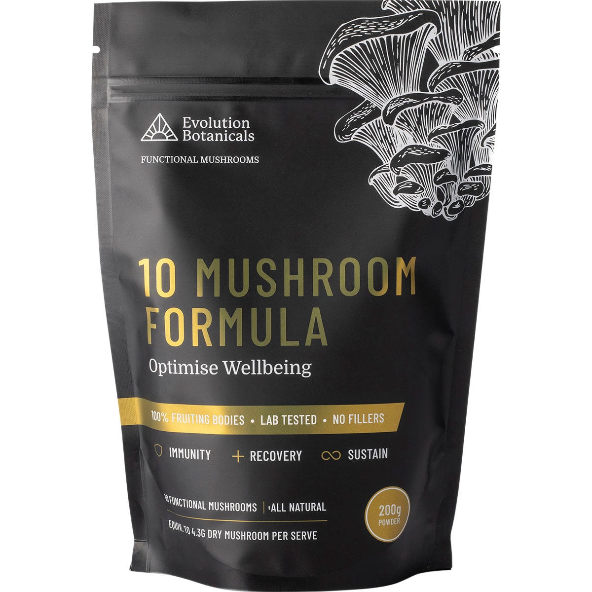 200g bag of Evolution Botanicals 10 Mushroom Formula, an organic mushroom extract powder for immune support and wellbeing.