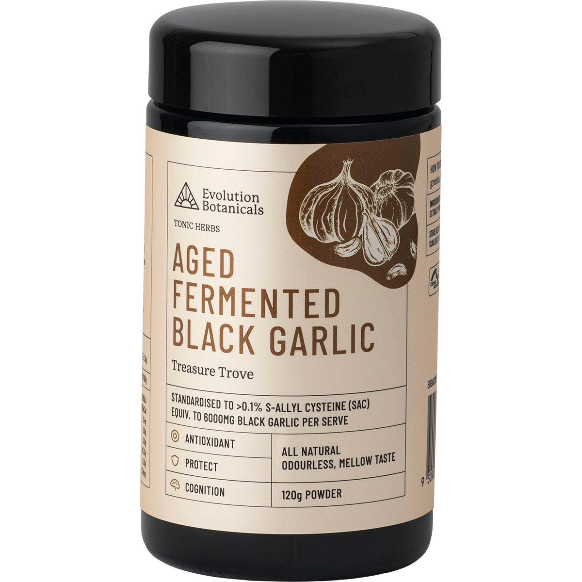 120g violet glass jar of Evolution Botanicals Aged Fermented Black Garlic extract powder with a black lid.