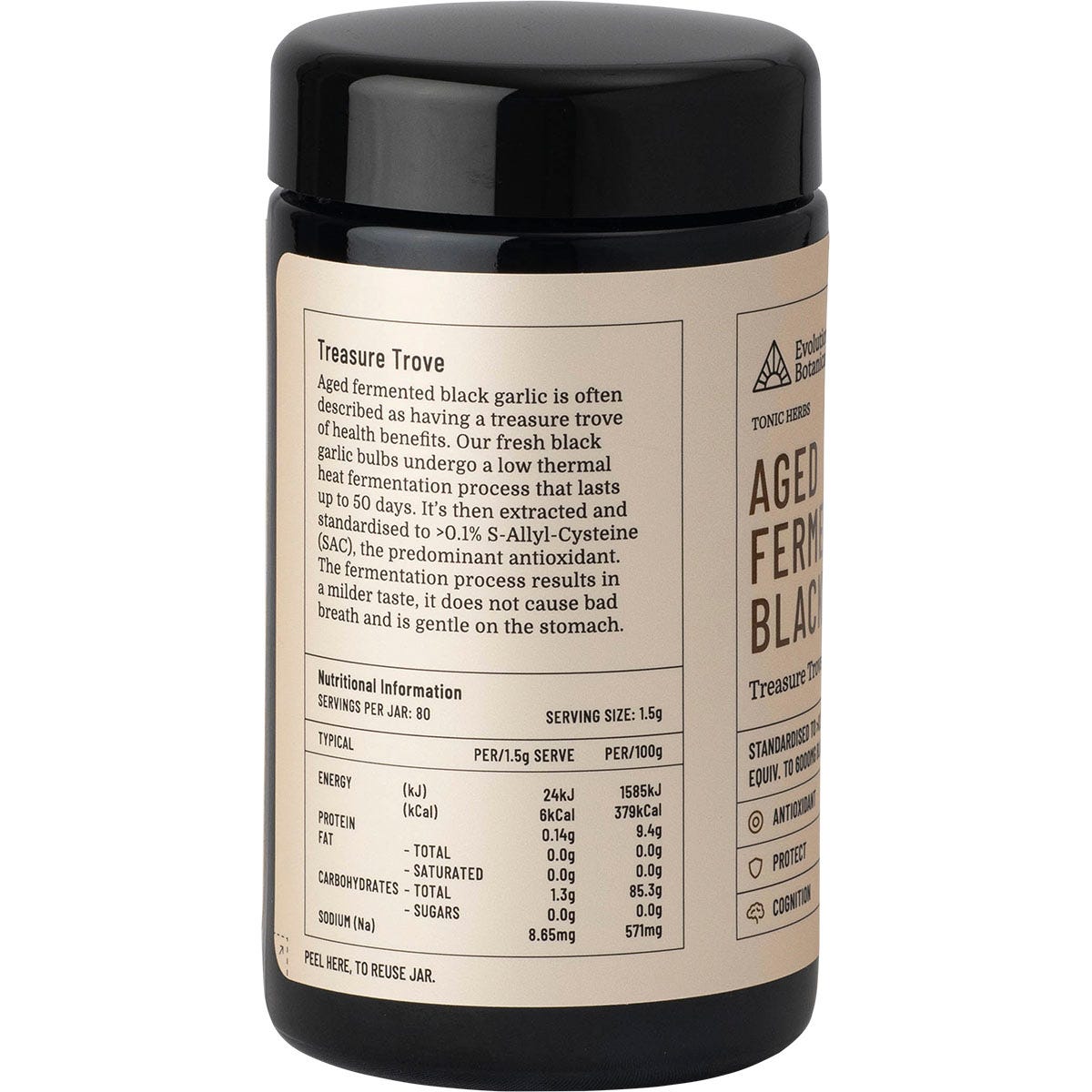 120g violet glass jar of Evolution Botanicals Aged Fermented Black Garlic extract powder on a plain white background.