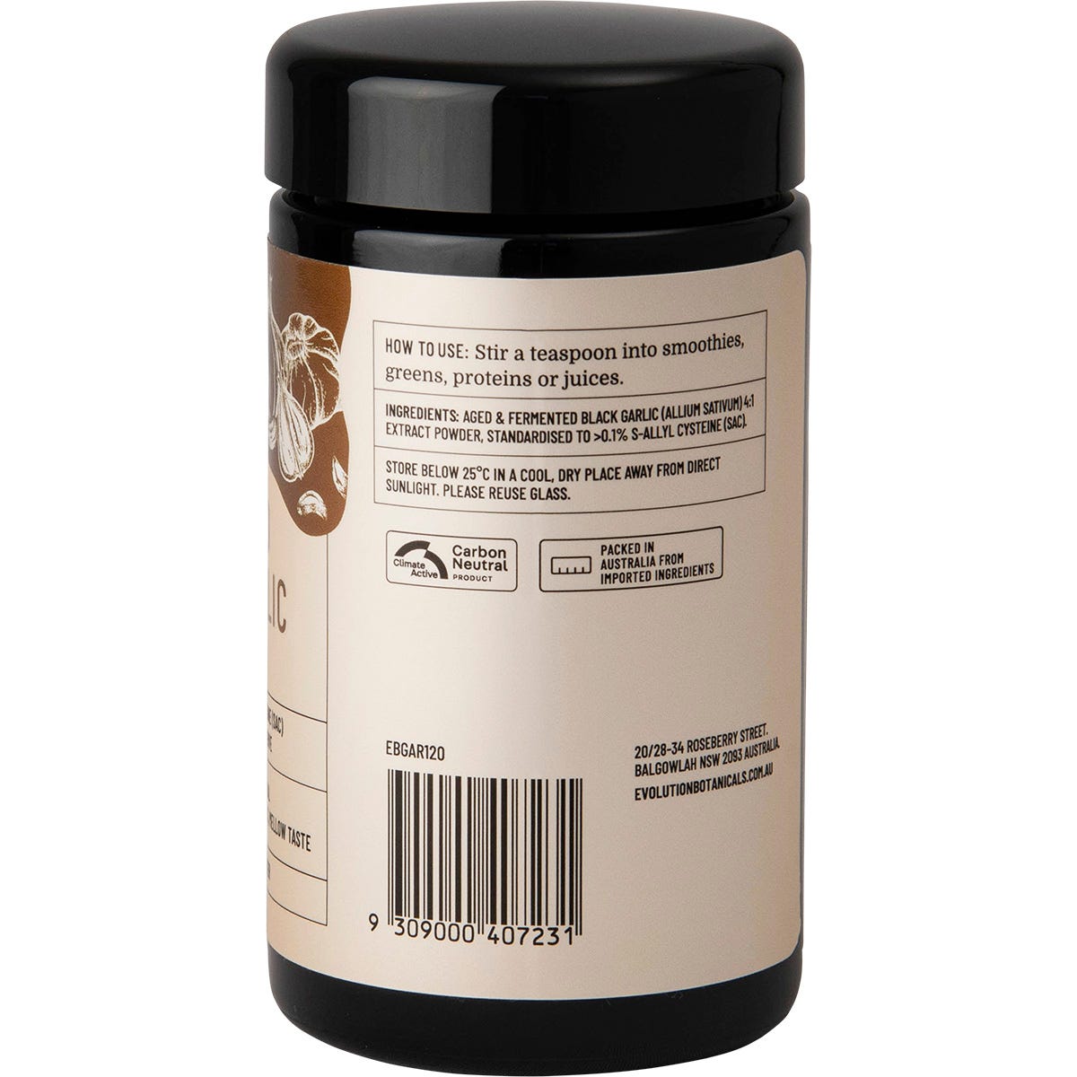 Open violet glass jar of Evolution Botanicals Aged Fermented Black Garlic extract powder showing its dark, fine texture.