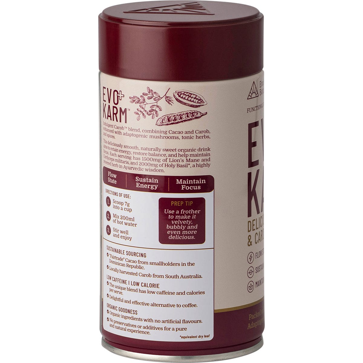 175g tin of Evolution Botanicals EVO+ Karm Cacao & Carob Drink with adaptogenic mushrooms on a white background.