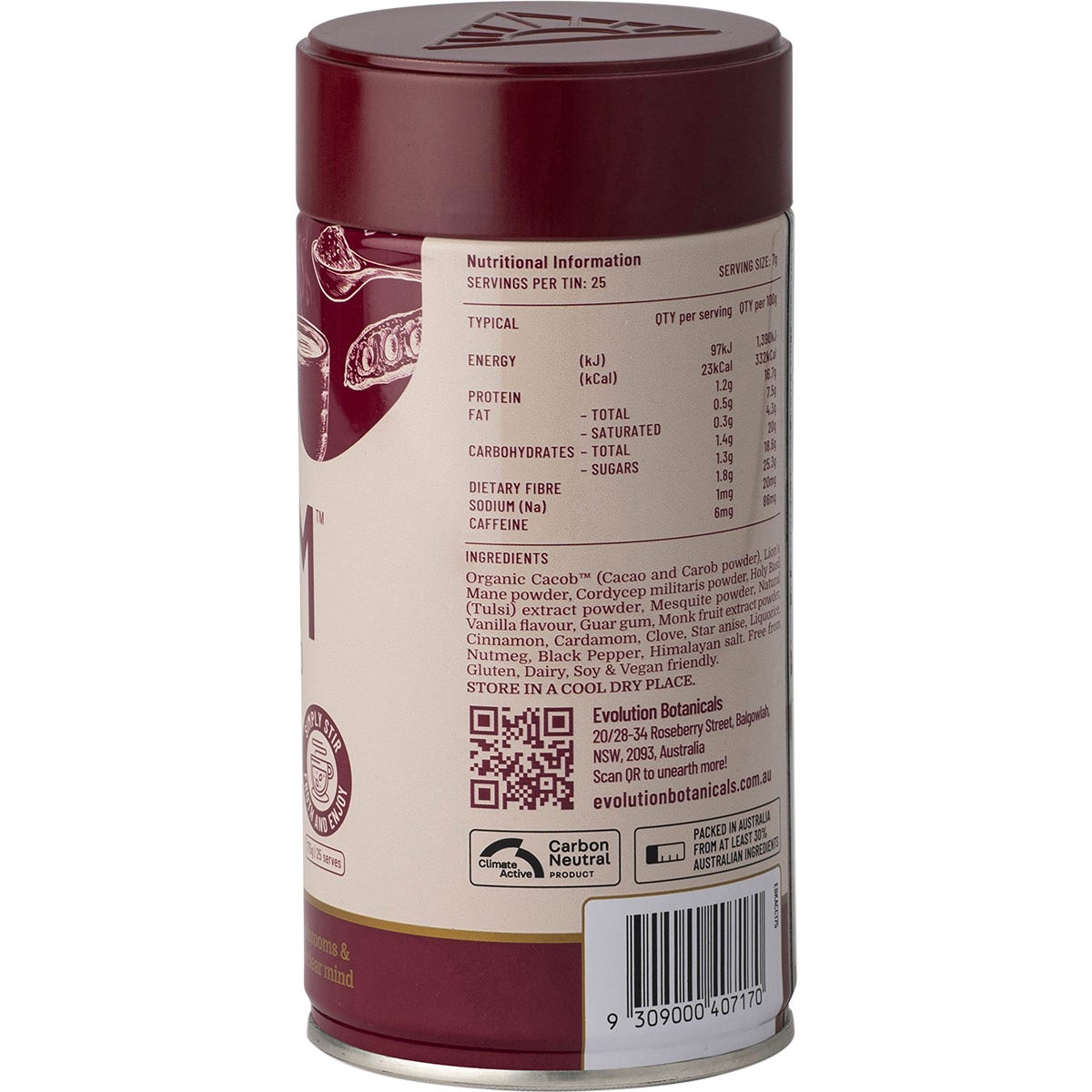 Evolution Botanicals EVO+ Karm Cacao and Carob Drink 175g tin on a white background.
