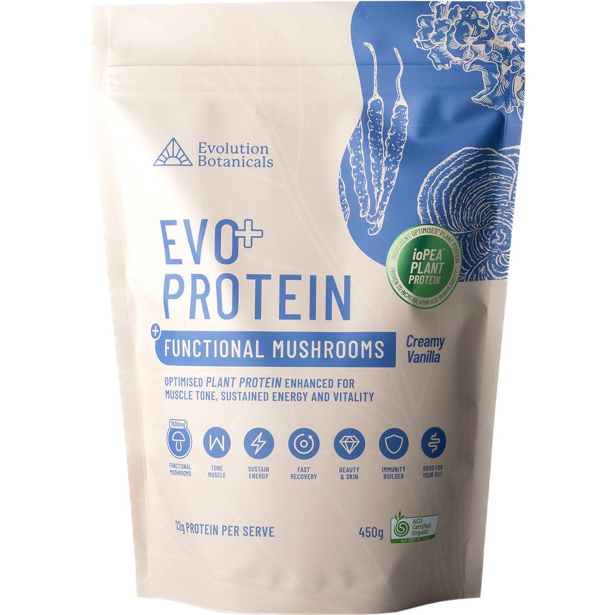 450g pouch of Evolution Botanicals Creamy Vanilla EVO+ Protein with functional mushrooms on a white background.