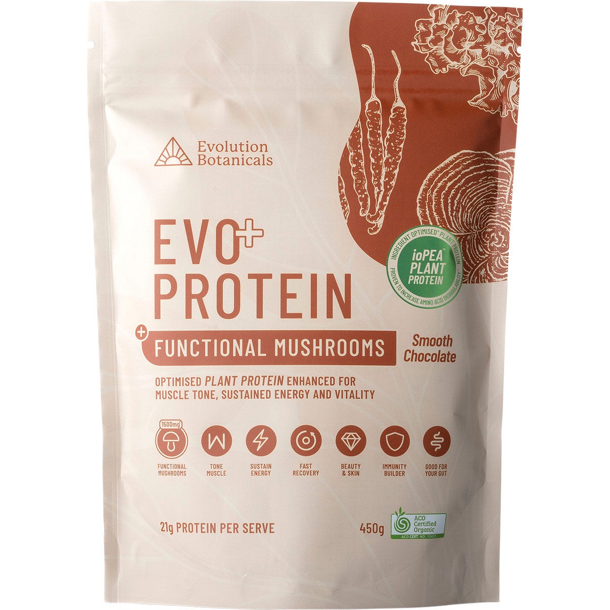 Evolution Botanicals EVO+ Smooth Chocolate protein 450g pouch with functional mushrooms and organic plant protein.