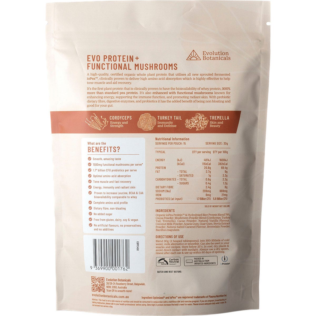 Smooth Chocolate Evolution Botanicals EVO+ protein powder pouch with functional mushrooms and plant-based ingredients.