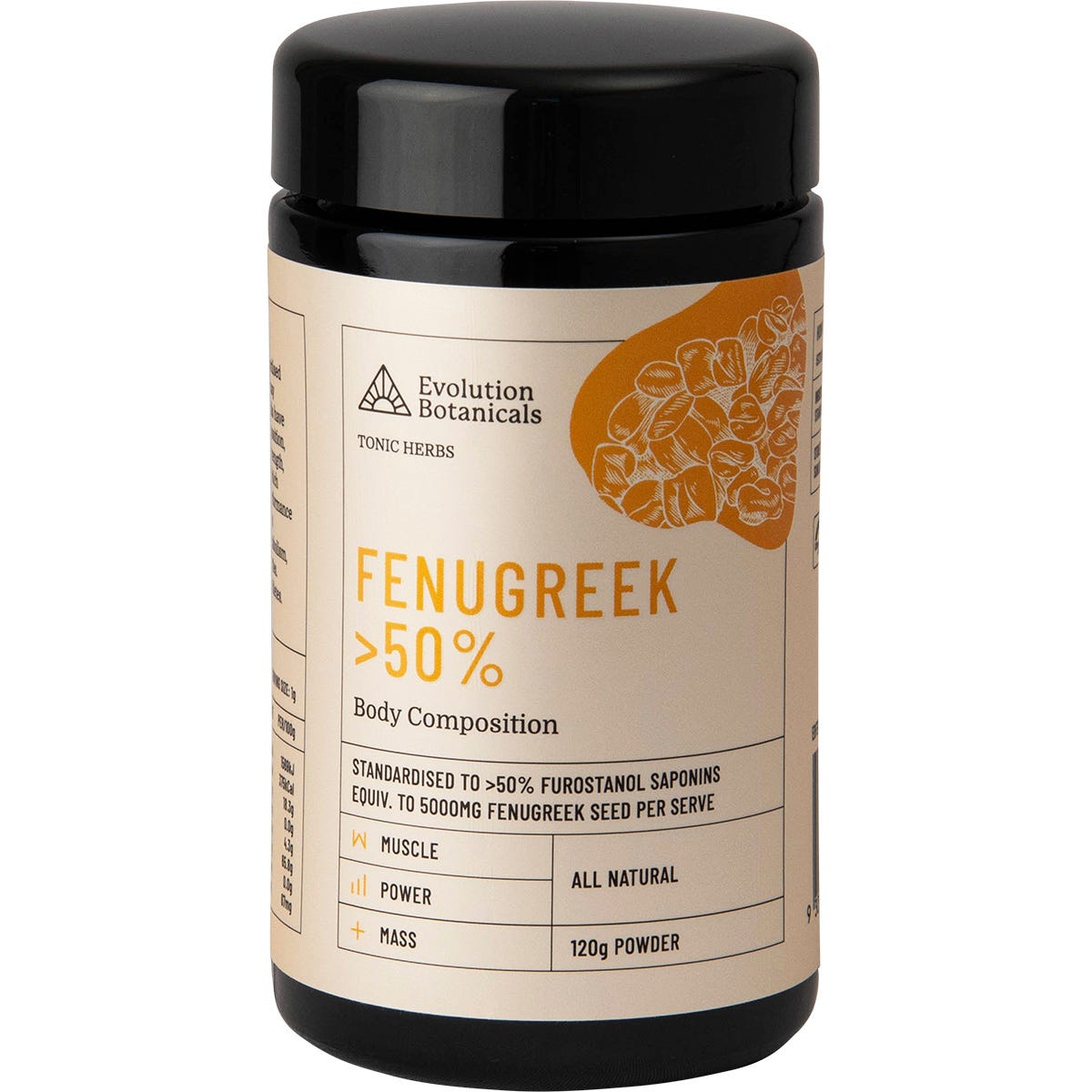 Evolution Botanicals Fenugreek extract powder in a 120g violet glass jar with a black lid and white label.