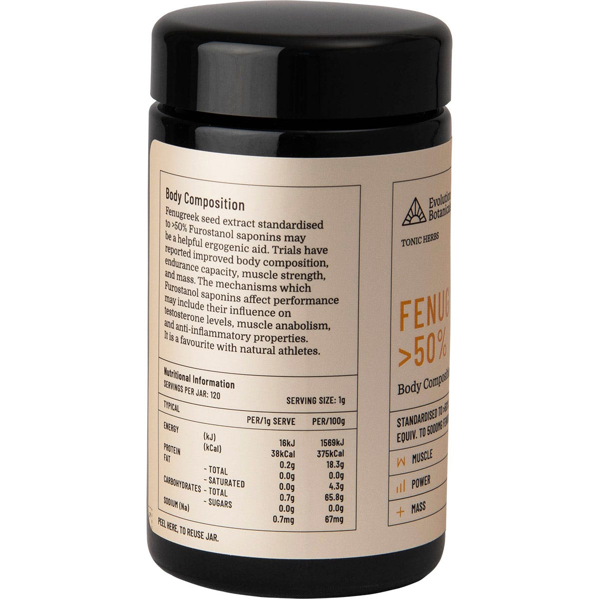 120g jar of Evolution Botanicals Fenugreek extract powder with a white label and black lid.