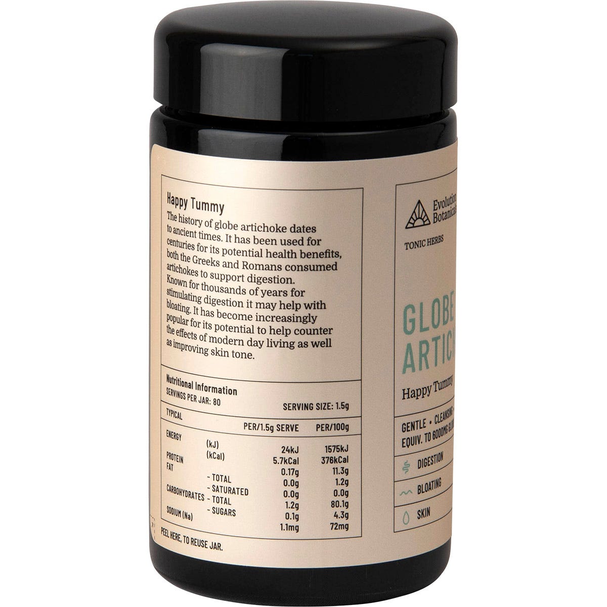 Evolution Botanicals Globe Artichoke Happy Tummy 120g jar with gold and black label on a white background.
