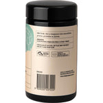 Side view of an Evolution Botanicals Globe Artichoke Happy Tummy 120g jar showing usage directions and product details.