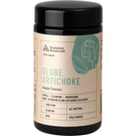 Evolution Botanicals Globe Artichoke Happy Tummy 120g violet glass jar with a gold and black label on a white background.