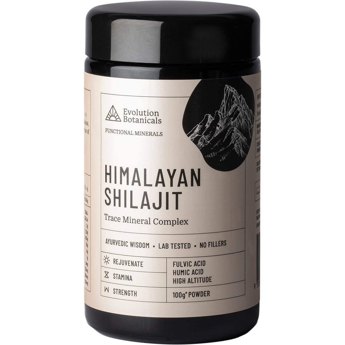 Evolution Botanicals Himalayan Shilajit 100g glass jar containing trace mineral complex powder on a white background.