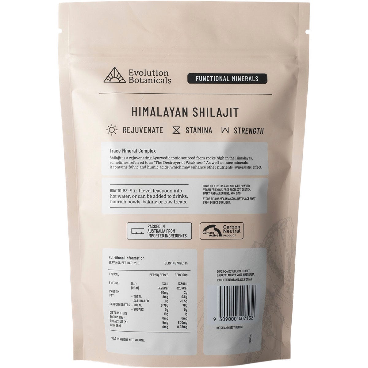 Evolution Botanicals Himalayan Shilajit Trace Mineral Complex 200g resealable pouch on a white background.