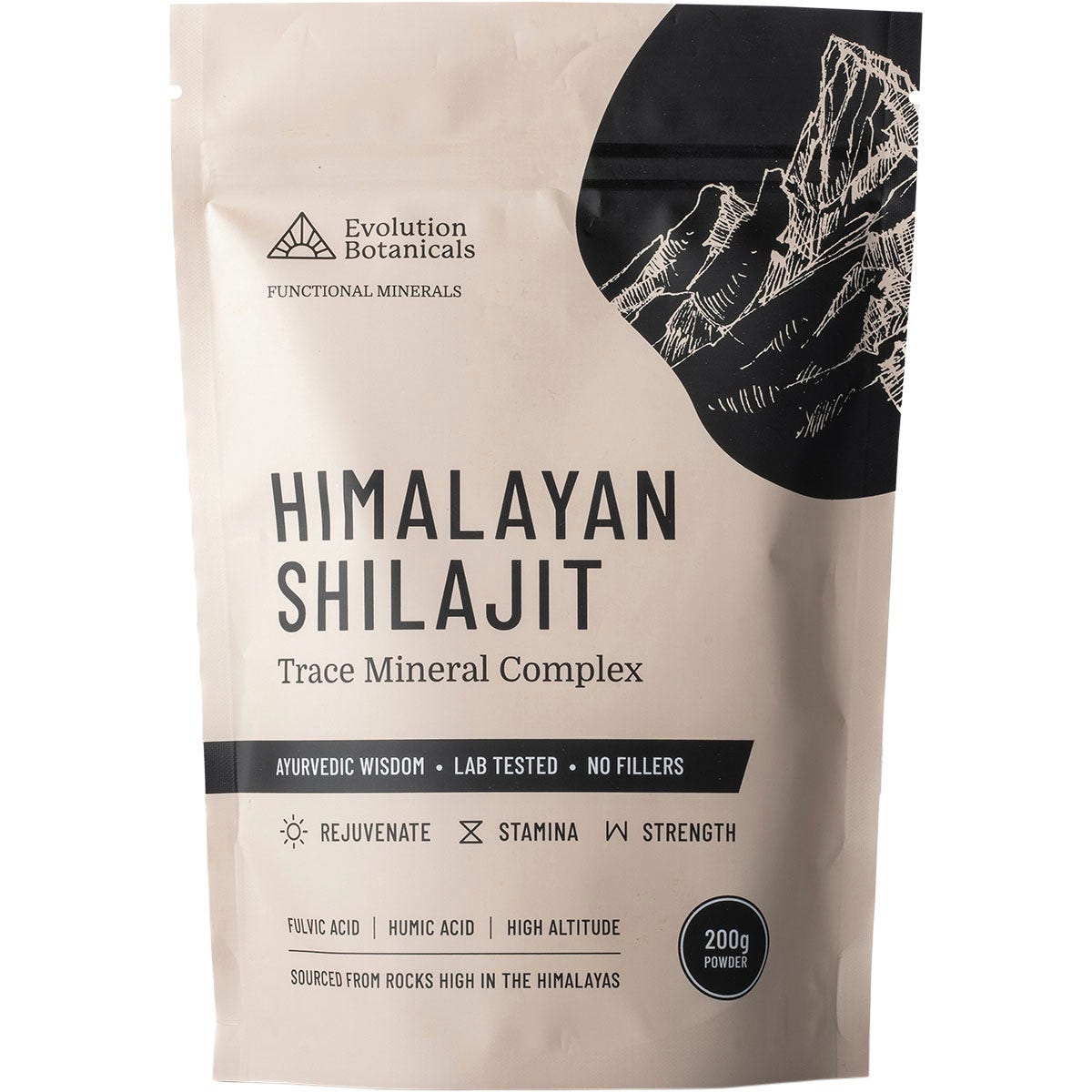 Evolution Botanicals Himalayan Shilajit Trace Mineral Complex 200g bag with a black label on a white background.