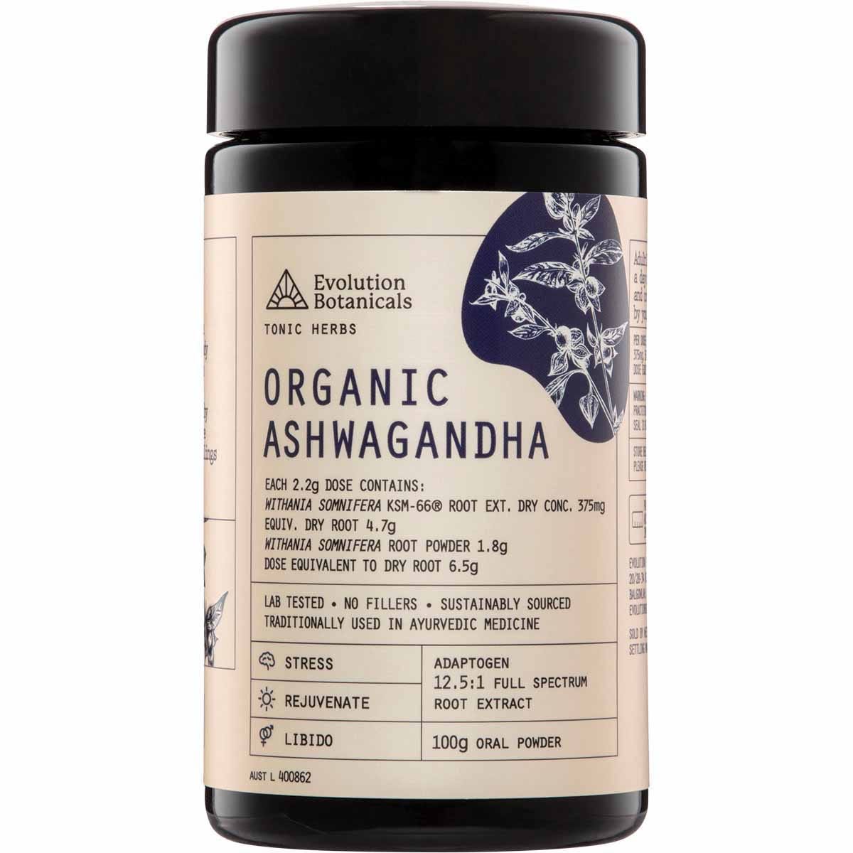 Evolution Botanicals Organic Ashwagandha 100g jar with a black lid and white label on a white background.