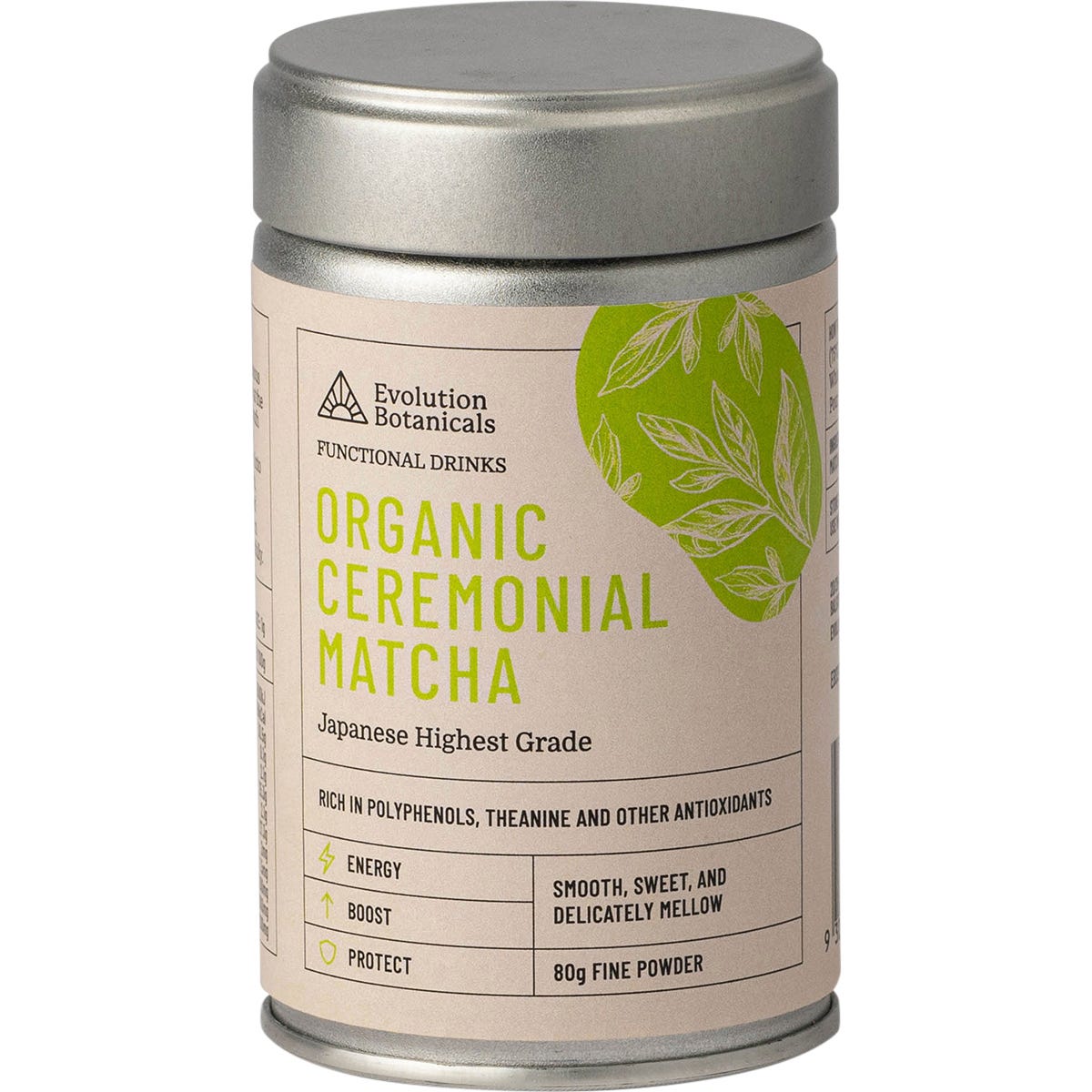80g tin of Evolution Botanicals Organic Ceremonial Matcha featuring a green label with Japanese-inspired art.