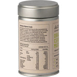 Evolution Botanicals 80g tin of Organic Ceremonial Matcha shown next to its matching green and white box.