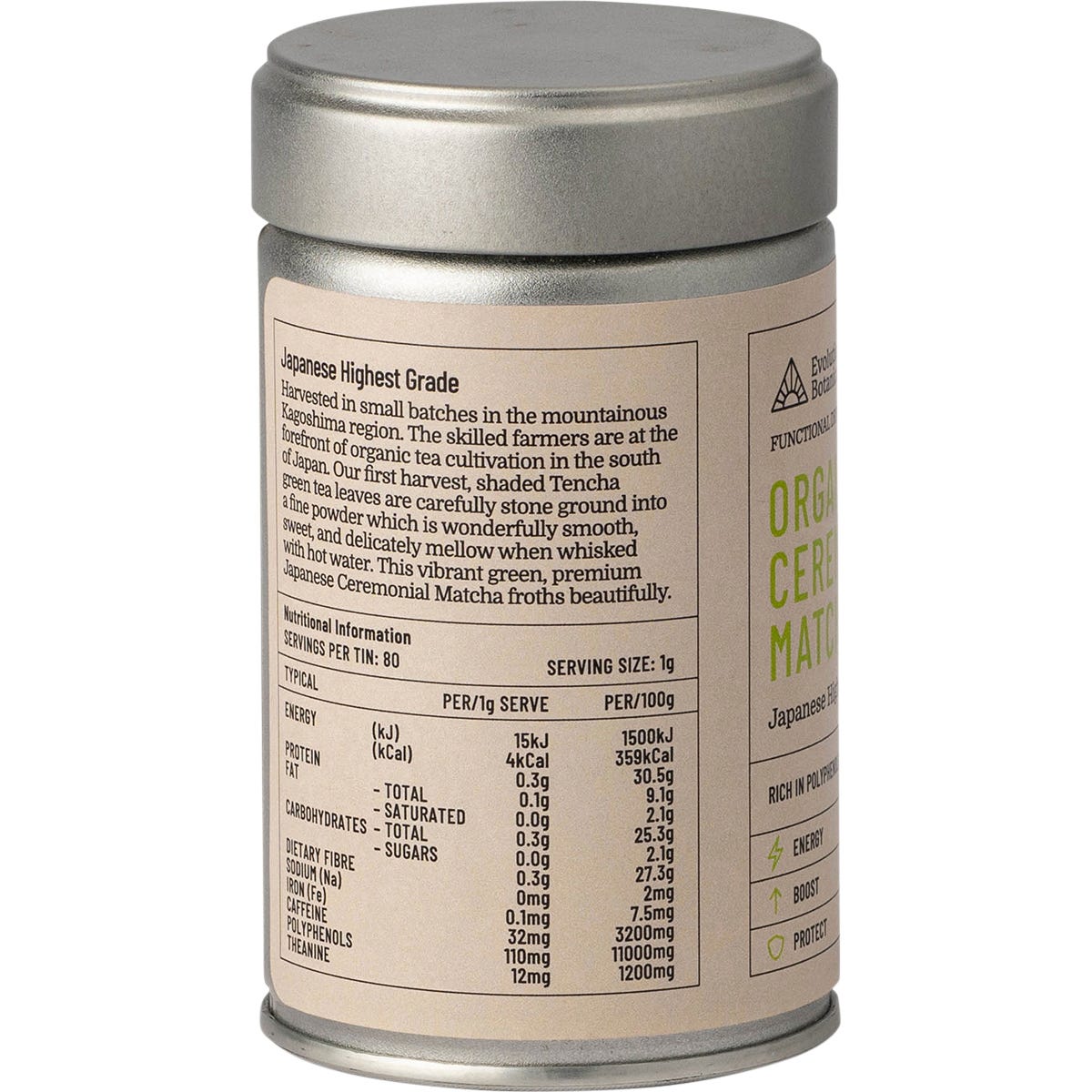 Evolution Botanicals 80g tin of Organic Ceremonial Matcha shown next to its matching green and white box.