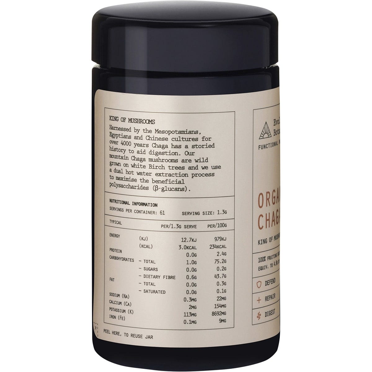 80g jar of Evolution Botanicals Organic Chaga extract powder featuring a black lid and white label.