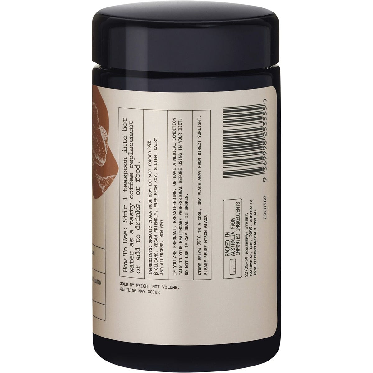 Back of Evolution Botanicals Organic Chaga 80g jar with nutrition facts, ingredients, and usage instructions.
