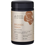 80g jar of Evolution Botanicals Organic Chaga Mushroom extract powder with a black lid on a white background.