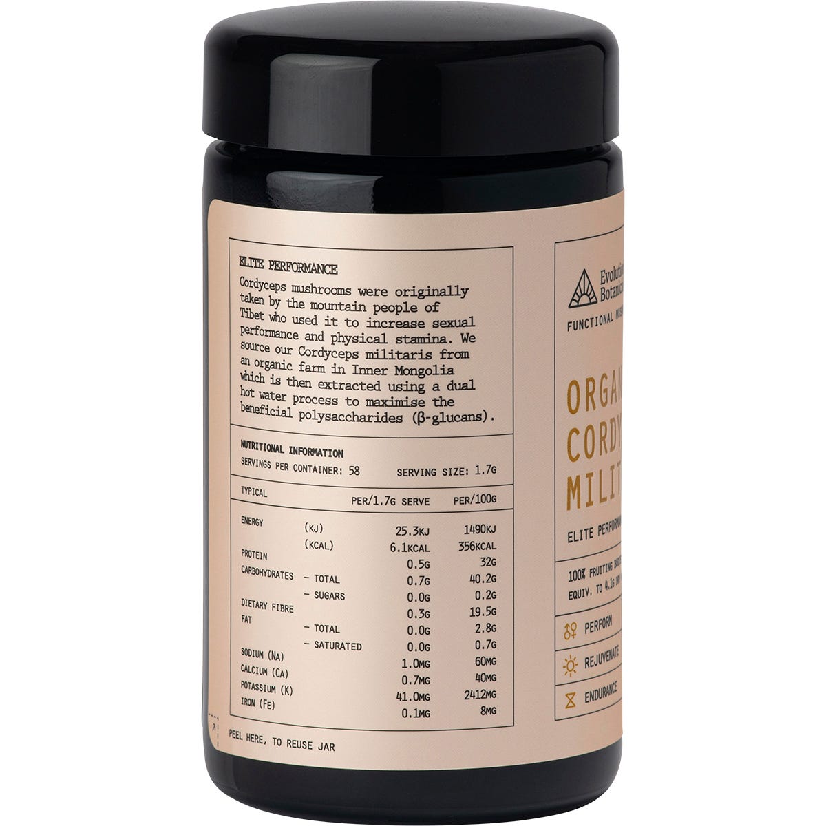 100g jar of Evolution Botanicals Organic Cordyceps Militaris extract powder with a black lid on a white background.