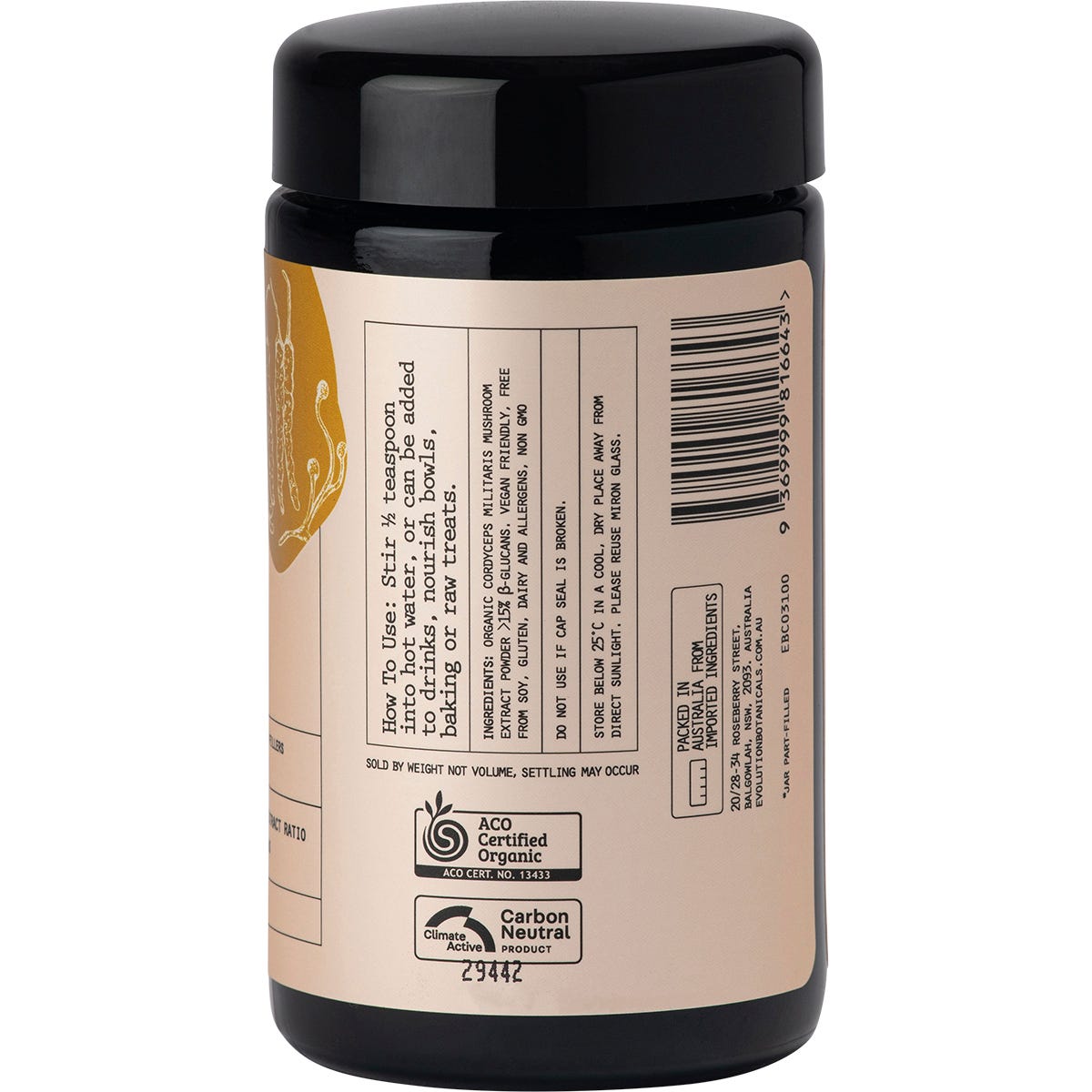 Side view of an Evolution Botanicals Organic Cordyceps Militaris 100g jar showing key benefits and product information.