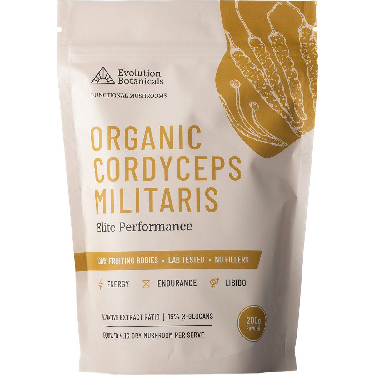 200g pouch of Evolution Botanicals Organic Cordyceps Militaris Elite Performance mushroom extract powder.