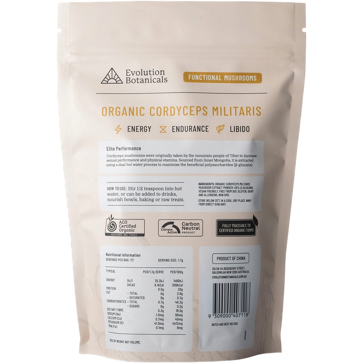 Evolution Botanicals Organic Cordyceps Militaris 200g pouch showing back nutritional information.