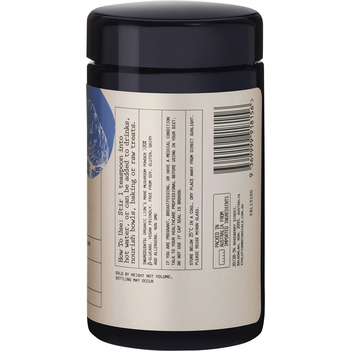 Side view of Evolution Botanicals Organic Lion's Mane 100g jar showing usage directions and nutritional information.