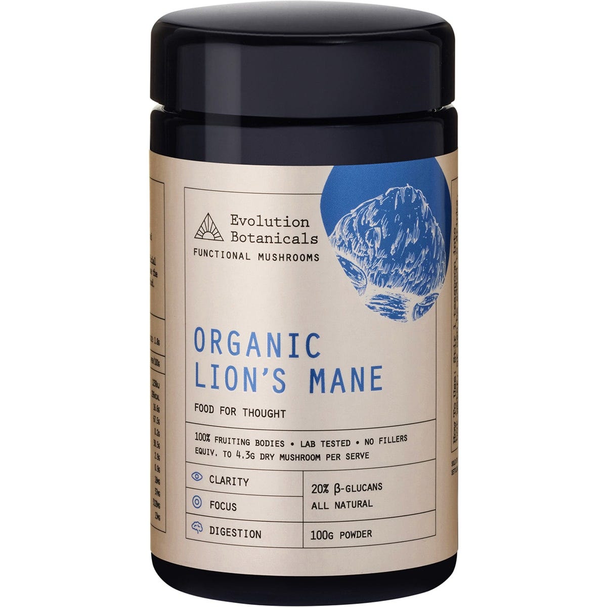 100g jar of Evolution Botanicals Organic Lion's Mane mushroom powder with botanical illustrations on a white background.
