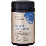 100g jar of Evolution Botanicals Organic Lion's Mane mushroom powder with botanical illustrations on a white background.