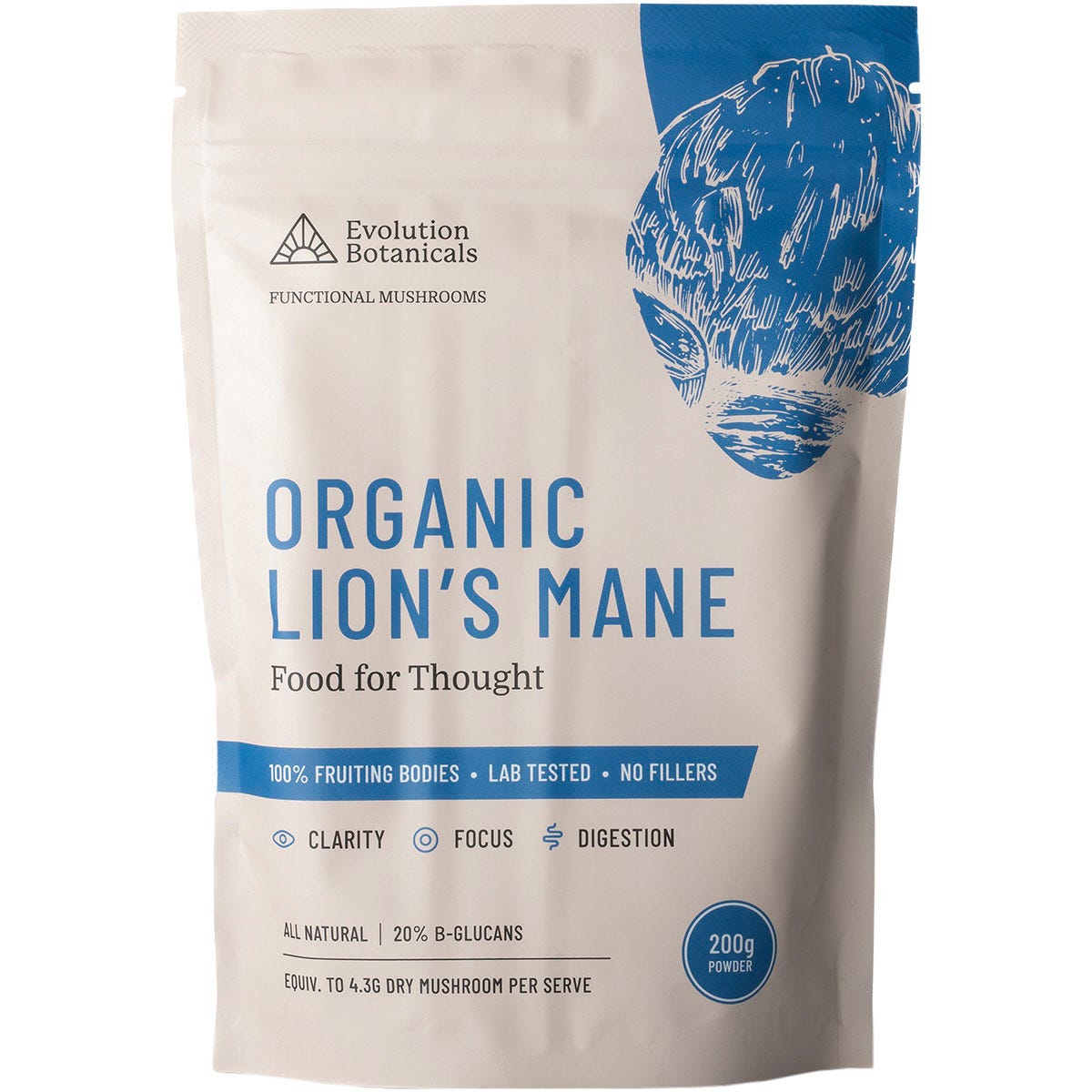 200g pouch of Evolution Botanicals Organic Lion's Mane Food For Thought powder on a white background.