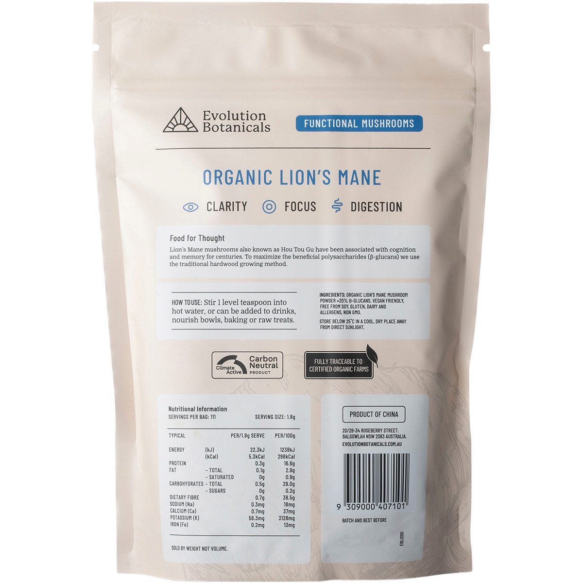 Evolution Botanicals Organic Lion's Mane Food For Thought 200g Payless 4 Organics