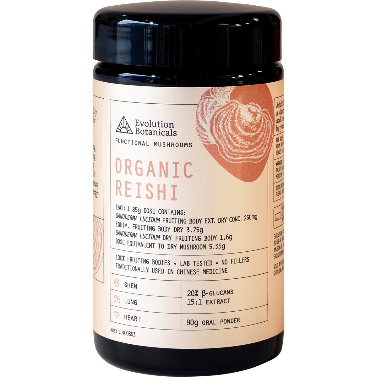 90g jar of Evolution Botanicals Organic Reishi mushroom extract powder on a white background.